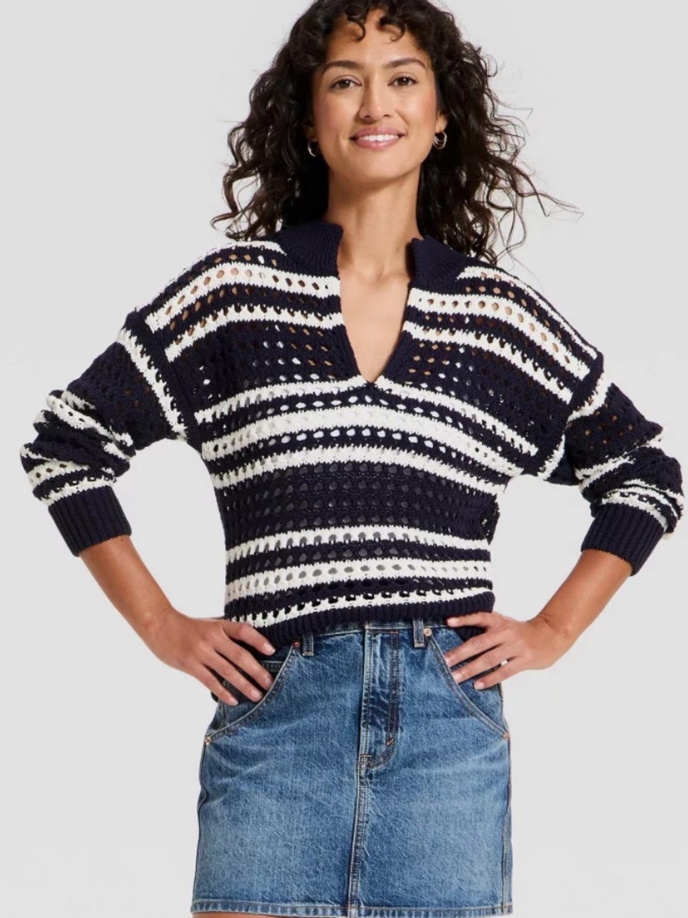 Navy Openwork V-Neck Striped Pullover Sweater - Universal Thread- Small- NWT